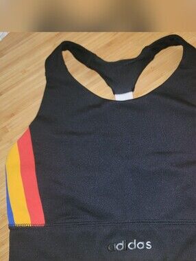 Adidas Black Racerback Sports Bra with Red Yellow Blue Side Stripes